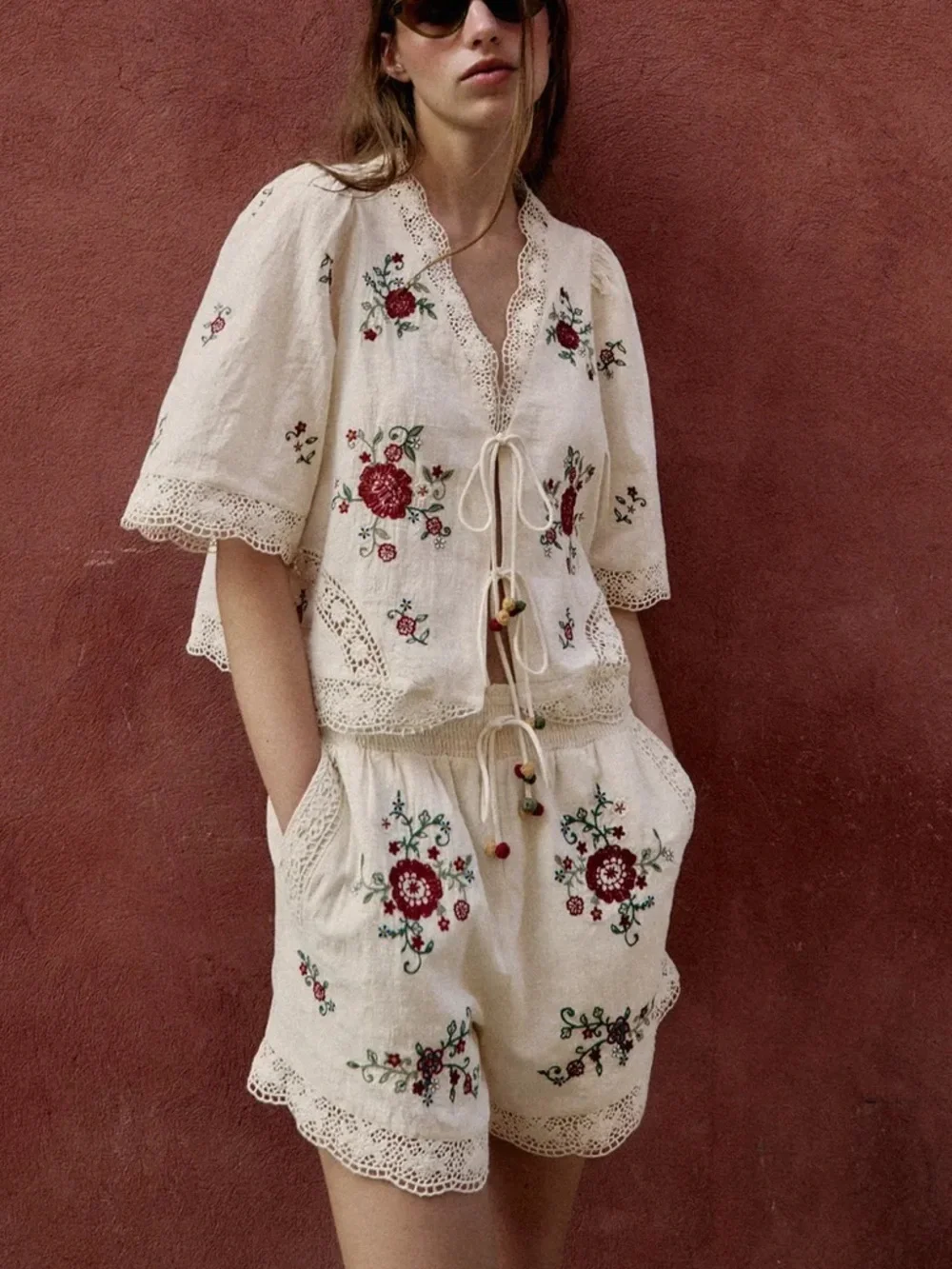 Zara 2 Pieces Embroidered Cotton Floral Top & Matching Shorts NWT